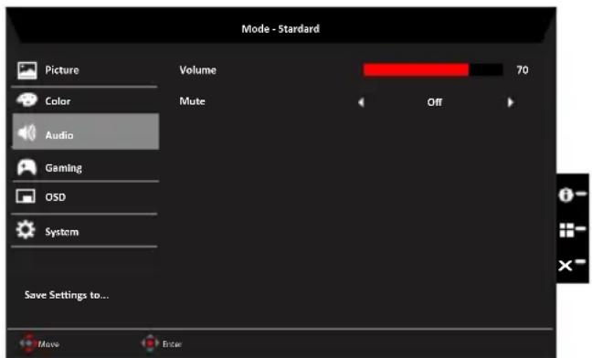 Mode - Standard Picture Volume 70 Color Mute Off Audio Gaming OSD System Save Settings to... Move Enter