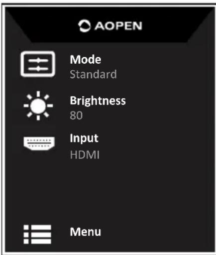AOPEN Mode Standard Brightness 80 Input HDMI Menu