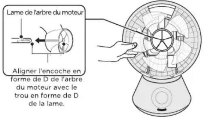 Lame de l'arbre du moteur Aligner l'encoche en forme de D de l'arbre du moteur avec le trou en forme de D de la lame.