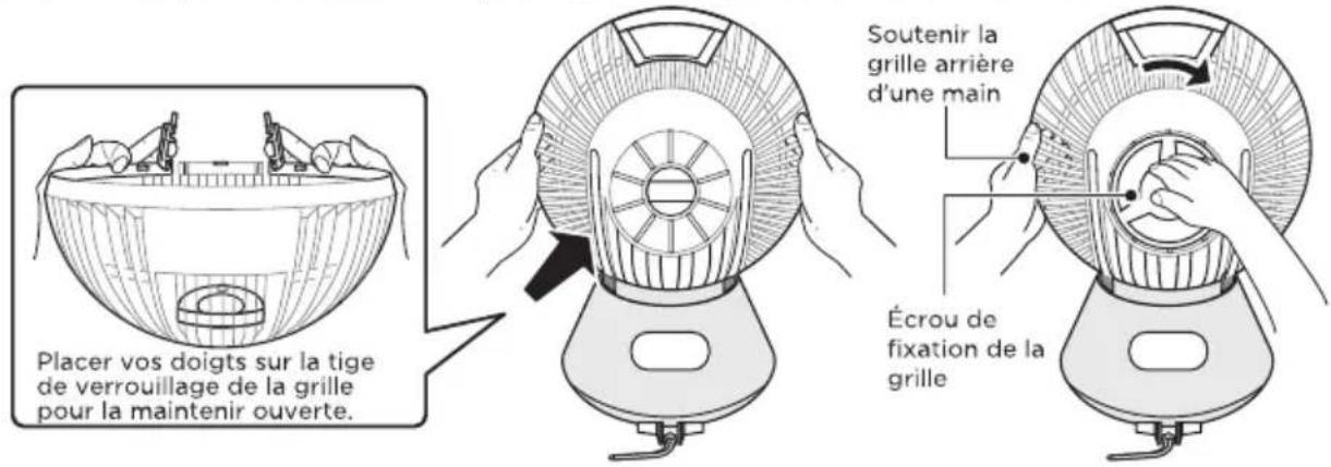 Placer vos doigts sur la tige de verrouillage de la grille pour la maintenir ouverte. Soutenir la grille arrière d'une main Écrou de fixation de la grille