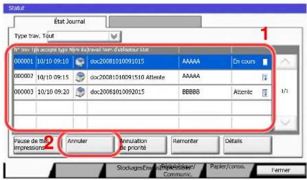 KYOCERA TASKalfa 7551ci - Sélectionner le travail à annuler dans la liste et appuyer sur [Annuler]. - 1
