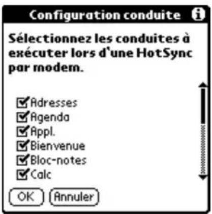 PALM m105 - Pour changer la configuration de la conduite pour une opération HotSync par modem : - 1
