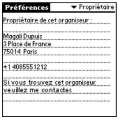PALM m105 - Pour saisir les préférences relatives au propriétaire : - 1