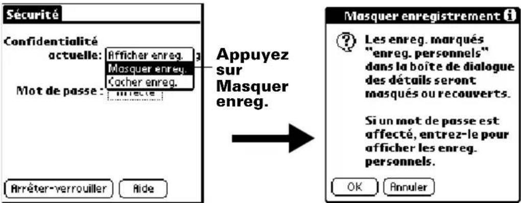 PALM m105 - Pour masquer tous les enregistrements personnels : - 1