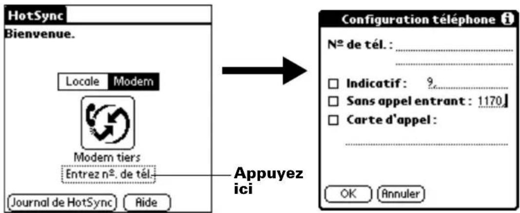 PALM m105 - Pour préparer votre ordinateur de poche en vue d'une opération HotSync par modem : - 2