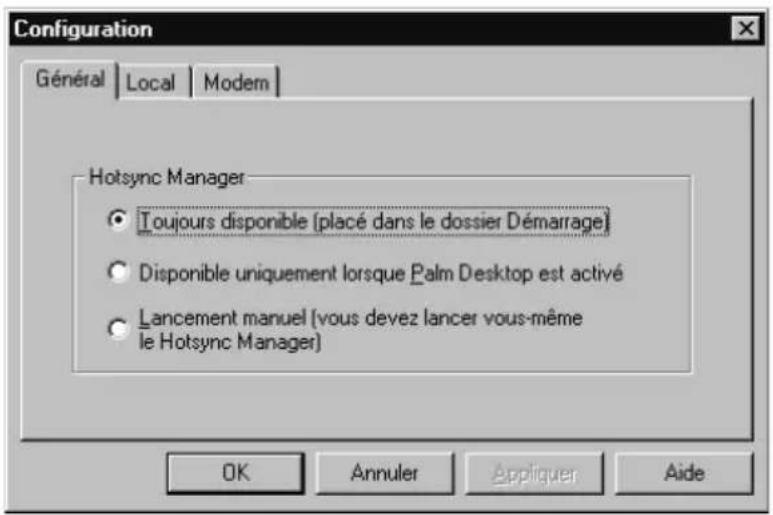 PALM m105 - Pour paramétrer les options HotSync sur un ordinateur Windows : - 1