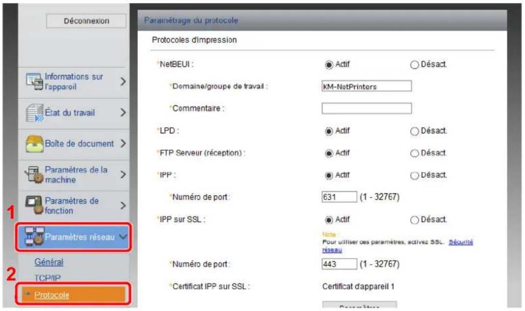 KYOCERA ECOSYS P4135dn - Dans le menu [Paramètres réseau], cliquer sur [Protocole]. - 1