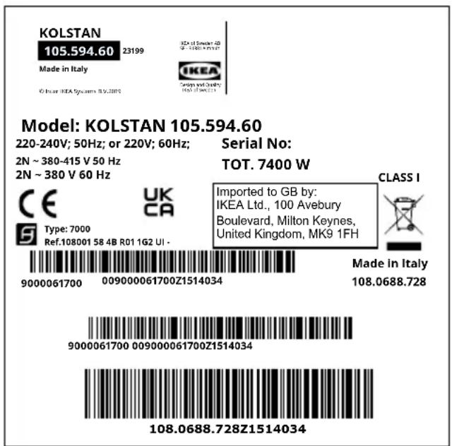 IKEA KOLSTAN 105.594.60 - Plăcuța cu date tehnice - 2