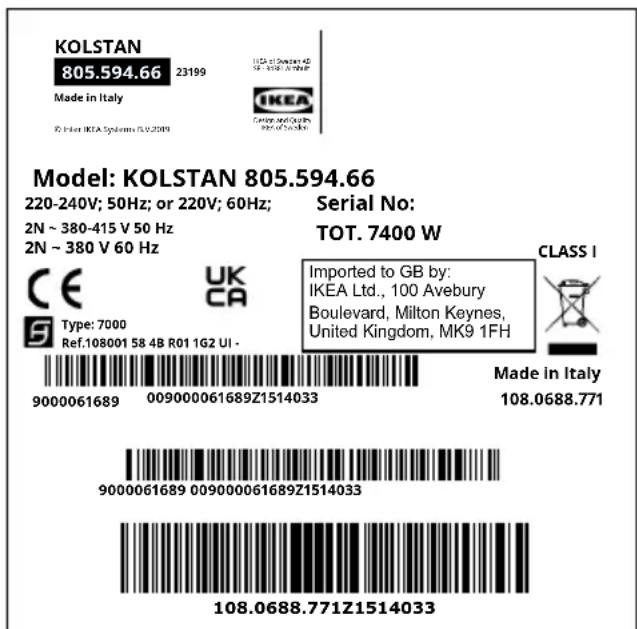IKEA KOLSTAN 105.594.60 - Plăcuța cu date tehnice - 1