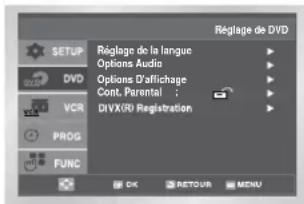 Réglage de DVD SETUP DVD VCR PROG FUNC Réglage de la langue Options Audio Options d'affichage Cont. Parental ; DIVX00 Registration DK RETOUR MENU