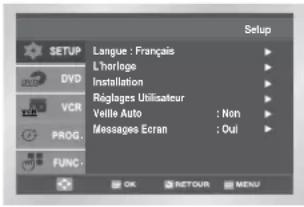 Setup LANGUE : Français L'horloge Installation Réglages Utilisateur Ville Auto : Non Messages Ecran : Oui PROG. FUNC - OK RETOUR MENU