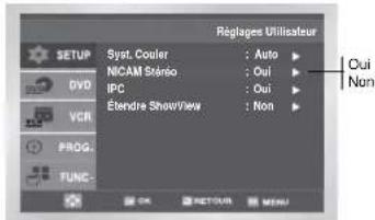 Régages Utilisateur Syst. Couler : Auto ▶ NICAM Straino : Oui ▶ IPC : Oui ▶ Étendre Show/View : Non ▶ Cui Non