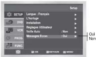 Setup Lengue : Français L'horloge Installation Réglages Utilisateur Vitelle Auto : Non Messages Ecran : Oui Oui Non OK RETURN MENU