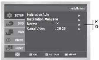 Installation SETUP Installation Auto Installation Manuelle Norme : K Canal Video : CH 36 OK RETOUR MENU
