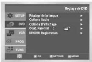 Reglage de DVD Options Audio Options D'attichage Cont. Parental : DIVX/ID Registration OK RETOUR MENU