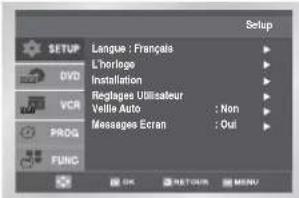 SETUP L'engue : Français L'horloge Installation Replätze Utilisateur Vellie Auto : Non Messages Extran : Oui PROG FUNC OK RETURN MENU