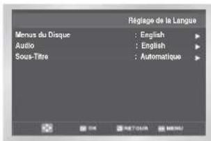 Réplage de la Langue Menus du Disque : English Audio : English Sous-Titre : Automatique
