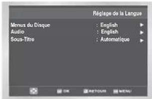 Réglage de la Langue Menus du Disque : English ▶ Audio : English ▶ Sous-Titre : Automatique ▶