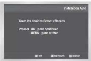 Installation Auto Toute les chaînes Seront effectées Presser OK pour continuer MENU pour arrêter