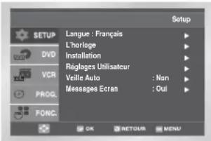 SETUP DVD VCR PROG. FONC. Langue : Français L'horloge Installation Régages Utilisatcur Veille Auto : Nan Messages Ecran : Out OK RETOUR MENU