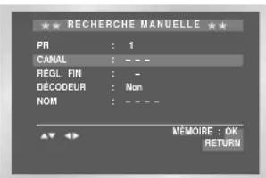 RECHERCHE MANUELLE PR : 1 CANAL : - - - RÉGL. FIN : - DÉCODEUR : Non NOM : - - - - MEMOIRE : OK RETURN