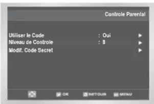 Controle Parental Utiliser le Code : Oui Niveau de Controle : 8 Modif. Code Secret