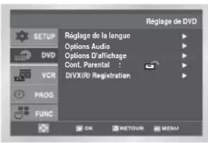 Réglage de DVD Réglage de la langue Options Audio Options D'affichage Conl. Parental : DIVX(R) Registration OK RETOUR MENU