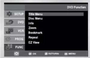 DVD Function SETUP Title Menu DVD Disc Menu Info Zoom Bookmark Repeal EZ View VCR PROG FUNC OK RETURN MENU