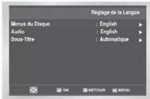 Réglage de la Langue Menus du Disque : English ▶ Audio : English ▶ Sous-Titre : Automatique ▶