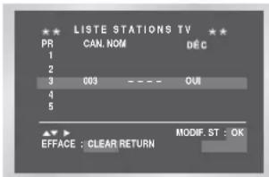 LISTE STATIONS TV PR CAN. NOM DÉC 1 2 3 003 ---- OUT 4 5 OFFACE : CLEAR RETURN MODIF. ST : OK