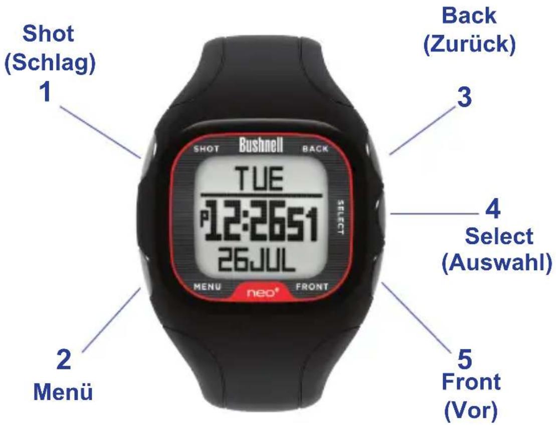 BUSHNELL Neo+ GPS Rangefinder Watch - Tasten und Funktionen - 1
