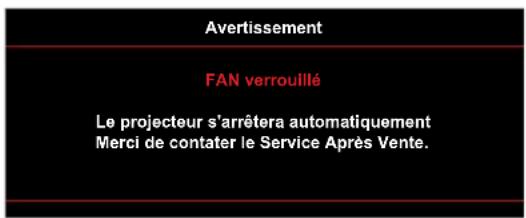 Avertissement FAN verrouillé Le projecteur s'arrêtera automatiquement Merci de contater le Service Après Vente.