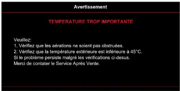 Avertissement TEMPERATURE TROP IMPORTANTE Veuillez: 1. Vérifiez que les aérations ne soient pas obstruées. 2. Vérifiez que la température extérieure est inférieure à 45°C. Si le problème persiste malgré les vérifications ci-desus. Merci de contater le Service Après Vente.