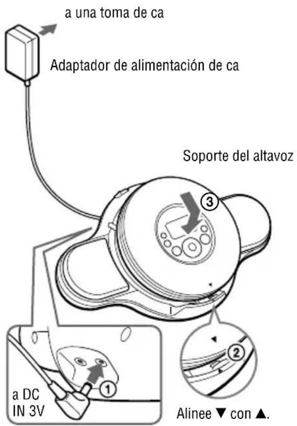 SONY DNE320SP - Conecte el adaptor de alimentacion de ca al soporte con altavoces suministrado. A continuacion, introduzca el reproductor de CD en el soporte hasta que hagablick, de modo que lamarca▼ del reproductor quede alineada con lamarca▲ del soporte. Presione el reproductor para que se inserte correctamente en el soporte. - 1