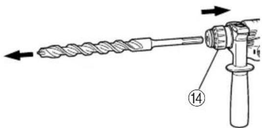 Technical diagram showing a drill bit being inserted into a tool, with labeled component 14