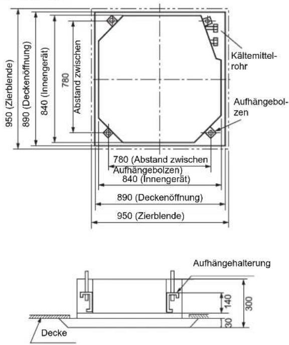 950 (Zierblende) 890 (Deckenöffnung) 780 Abstand zwischen 780 (Abstand zwischen Aufhängebolzen) 840 (Innengerät) 890 (Deckenöffnung) 950 (Zierblende) Kältemittel- rohr Aufhängebol- zen Aufhängehalterung Decke 140 30 300