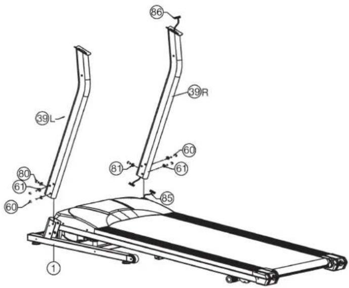 Technical diagram of a treadmill with numbered components and directional arrows indicating motion or assembly.