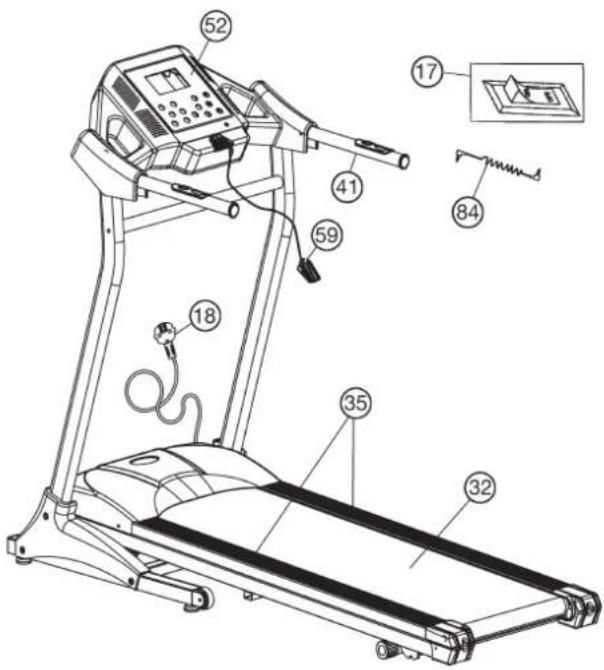 Technical diagram of a treadmill with numbered parts and an inset close-up showing a component detail.