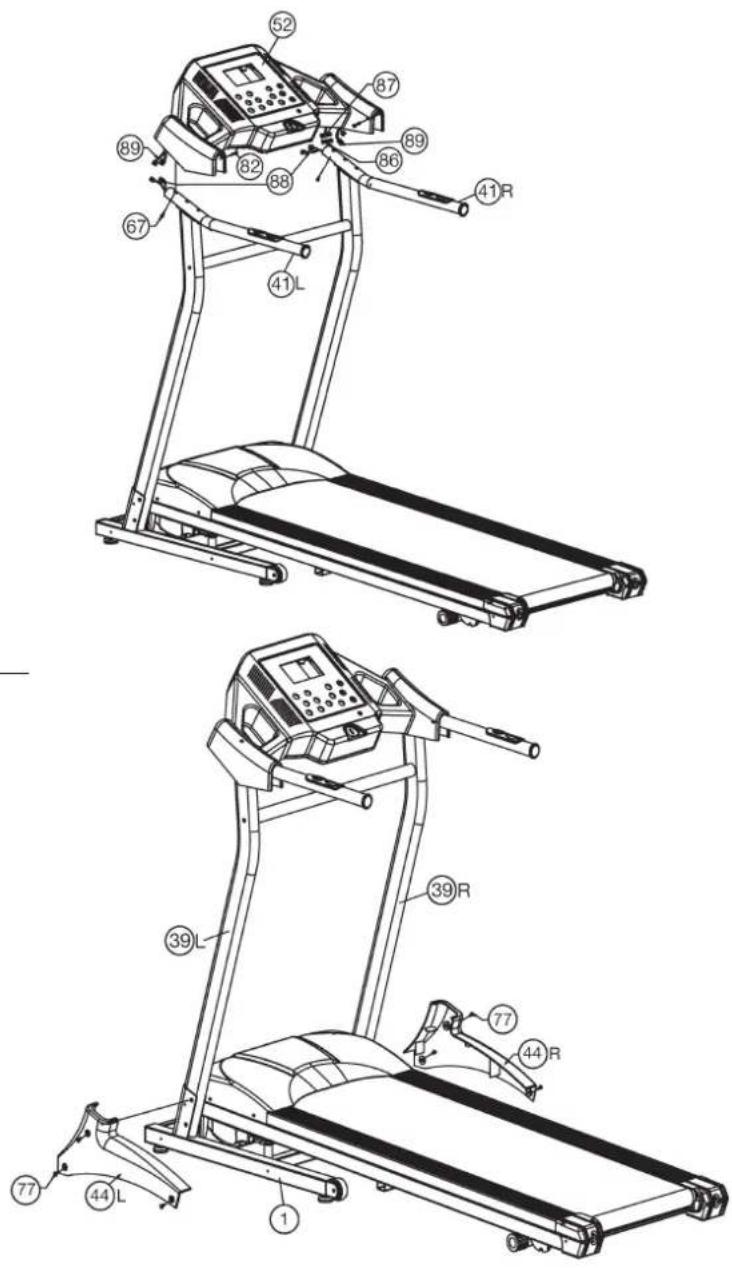 Technical diagram of a treadmill with numbered parts and labeled positions