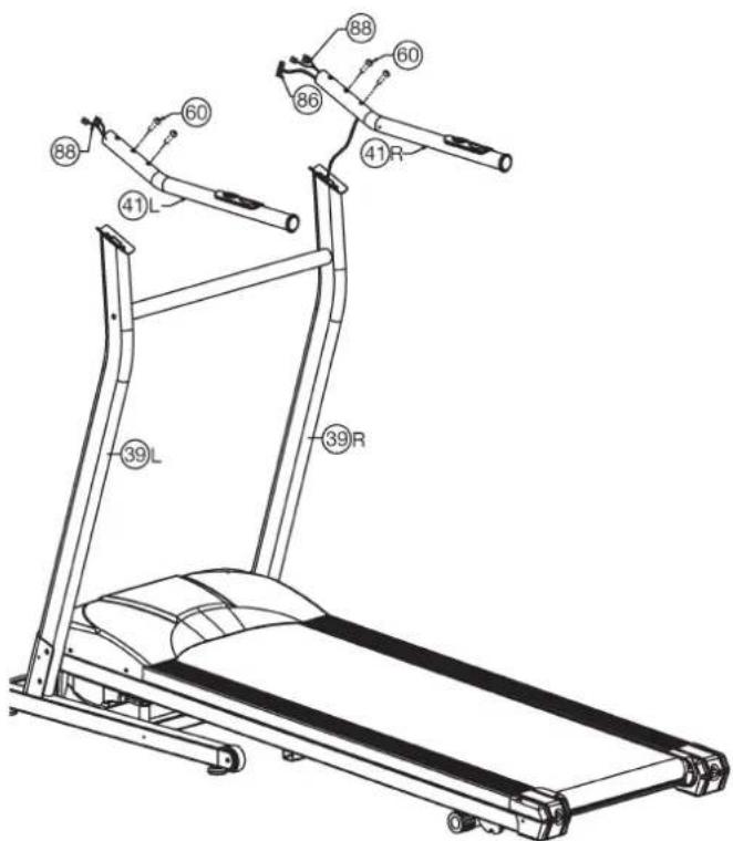Technical diagram of a treadmill with numbered parts and labeled positions (L, R)