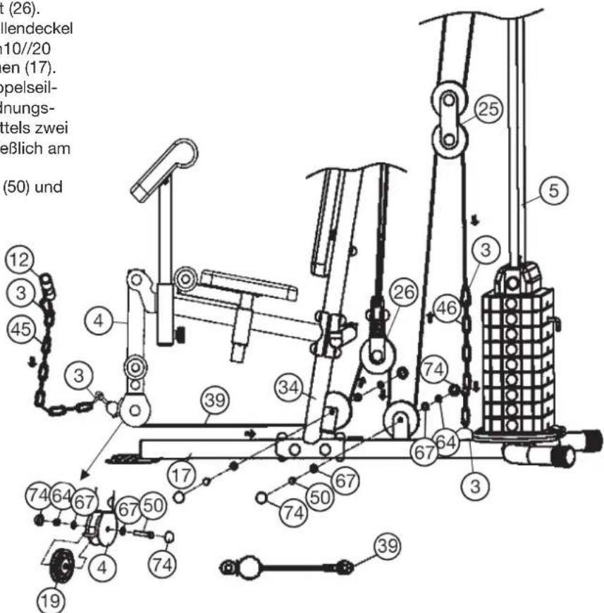 Christopeit SP 20 XL - SCHRITT 10: Montage des Seiles 3 für Beincurler (39) und Seilrollen (19). - 2