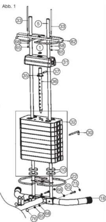 Christopeit SP 20 XL - Étape 2: Montage de barre de guidage (5) et les plaques de poids (31 + 32) . - 1