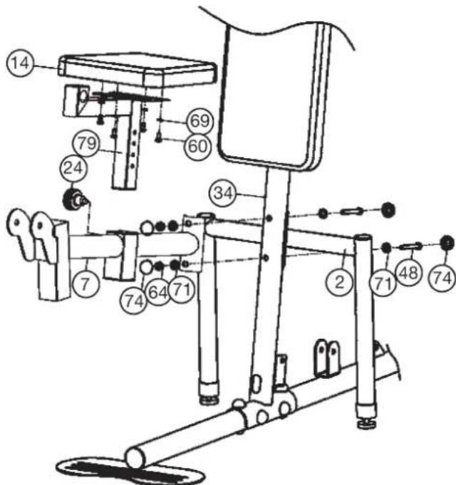 Christopeit SP 20 XL - Étape 4: Installation de support Flexion (7), le coussin de siege (14) et le support de siege (79). - 1