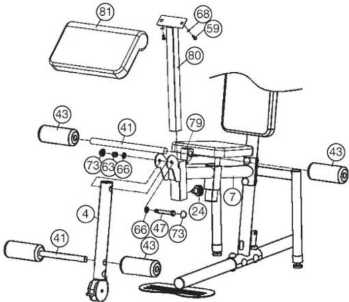 Christopeit SP 20 XL - SCHRITT 5: Montage des Beincurlers (4), der Beinpolster (43) und des Armcurlpolsters (81). - 1