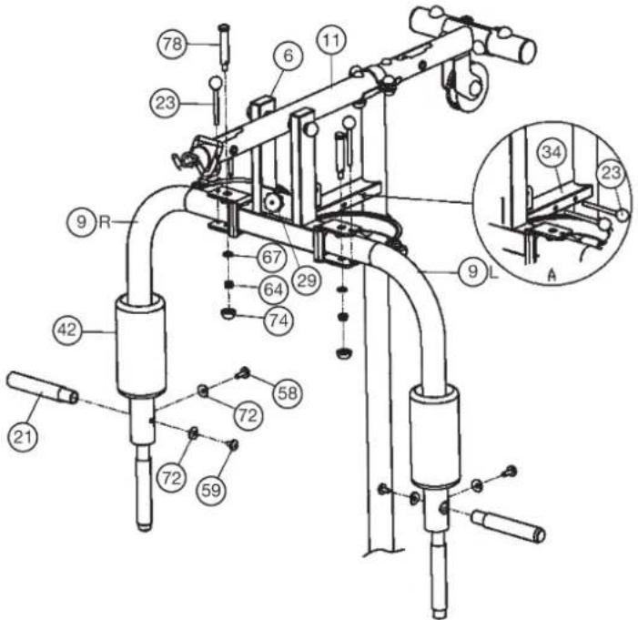 Christopeit SP 20 XL - Step 7: Installation of butterfly arm left and right (9L + 9R) hand grip (21) and arm foam (42). - 1