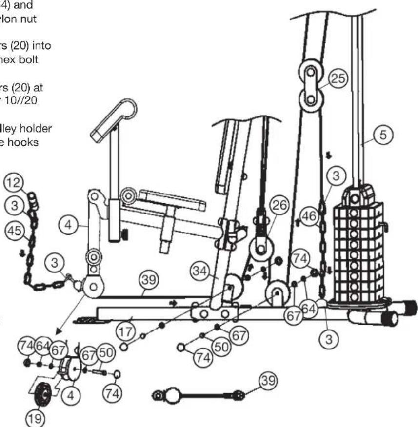 Christopeit SP 20 XL - Step 10: Installation of cable 3 for leg curler (39) with pulleys (19). - 1