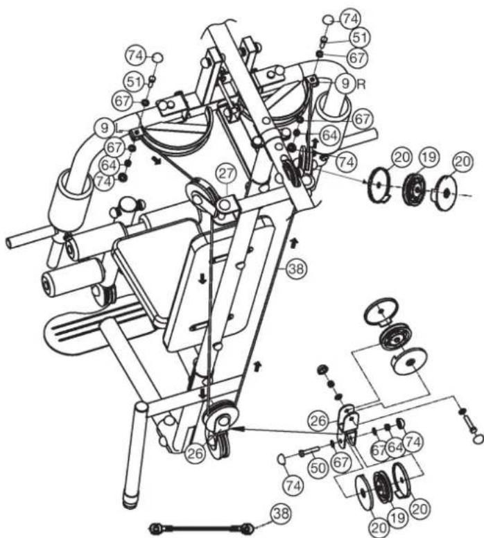 Christopeit SP 20 XL - Étape 8: Fixation du cable 1 pour papillon (38) et poulies (19). (Note: L'installation des cables devrait être la même chose avec les poulies fait. De même, les gerbes ne devraient pas être fixés être montés de sorte qu'elles tournent facilement après l'installation quitter. La poulie couverture couvrir les deux cotés de la poulie recouvrant, de sorte que l'entrée et la sortie du cable de la poulie couverture est effectuee.) - 1