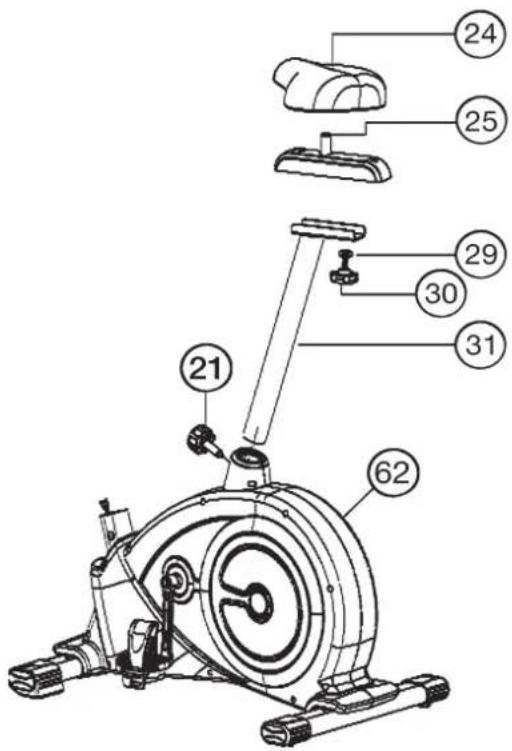 Christopeit EMS 4 - Installation of saddle (24) at saddle post (31) by using saddle slide (25). Installation of saddle post (31) at main frame by using rapid action lock (21). - 1