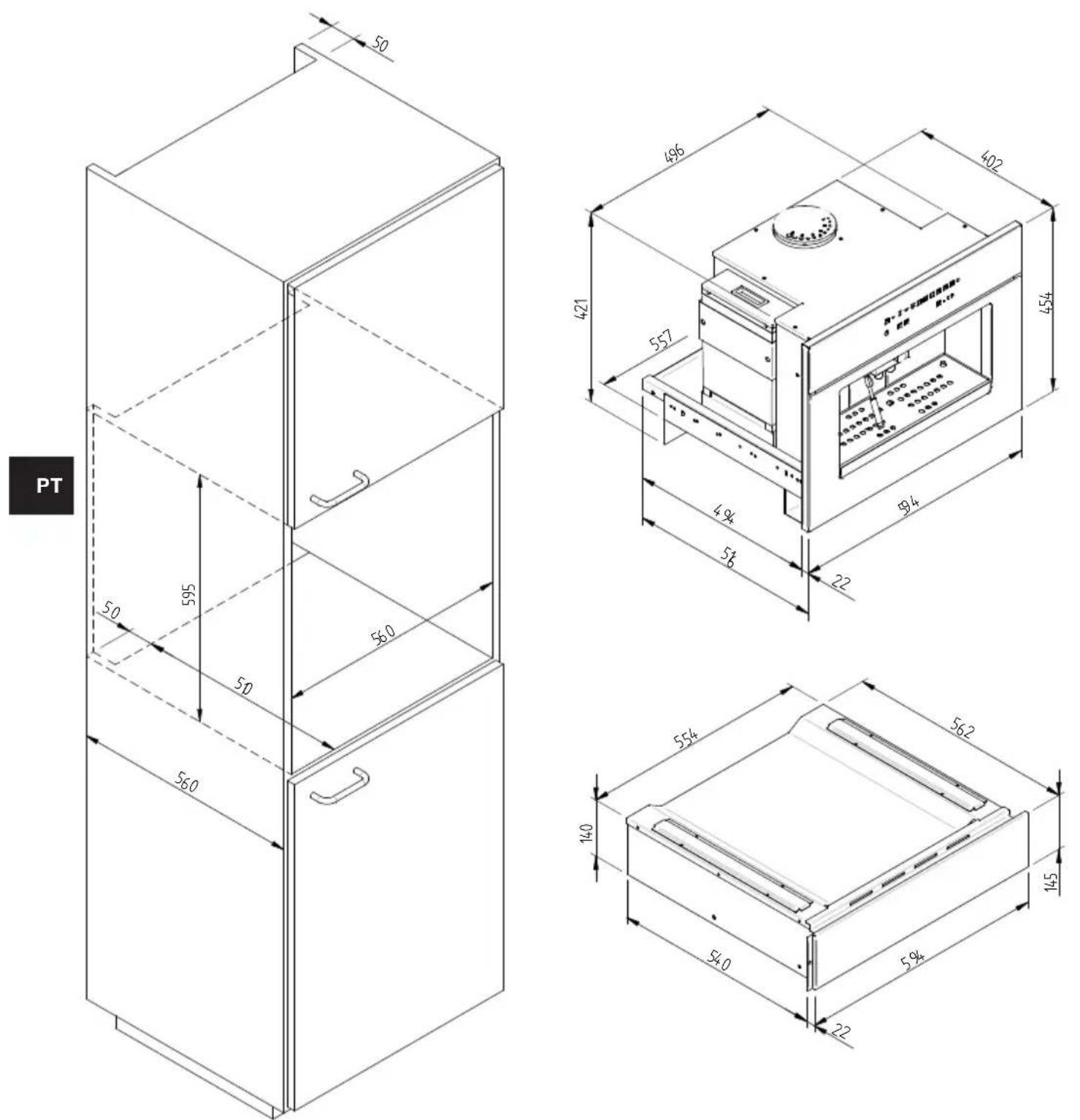 Fulgor Milano LWD 15 WH - ESQUEMA DAS DIMENSOES DA GAVETA 145 DE ENCASTRE 560 X 595 COM MÁQ. DE CAFÉ DE 454 - 1