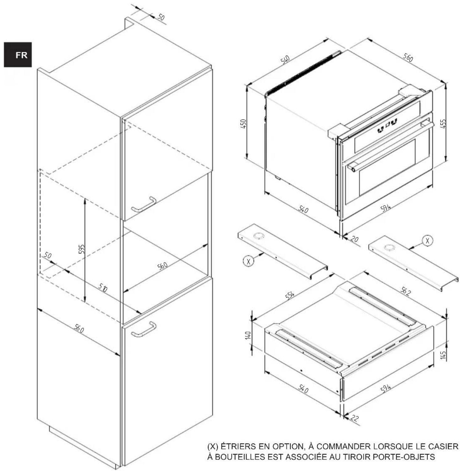Fulgor Milano LWD 15 BK - SCHEMA DIMENSIONNEL DU TIROIR 145 ENCASTRABLE 560 X 595   AVEC CASIER A VIN DE 451 - 1